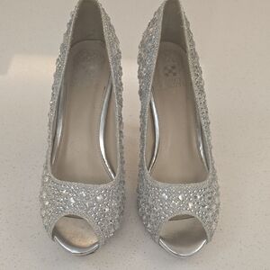 Vince Camuto Glittering Silver Peep-Toe Heels